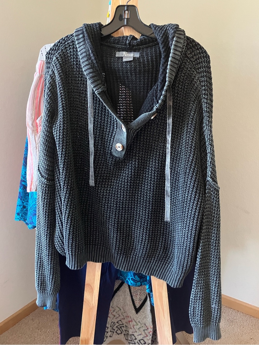 Natural Reflections Charcoal Gray Knit Hoodie Sweater Loose Fit Oversized